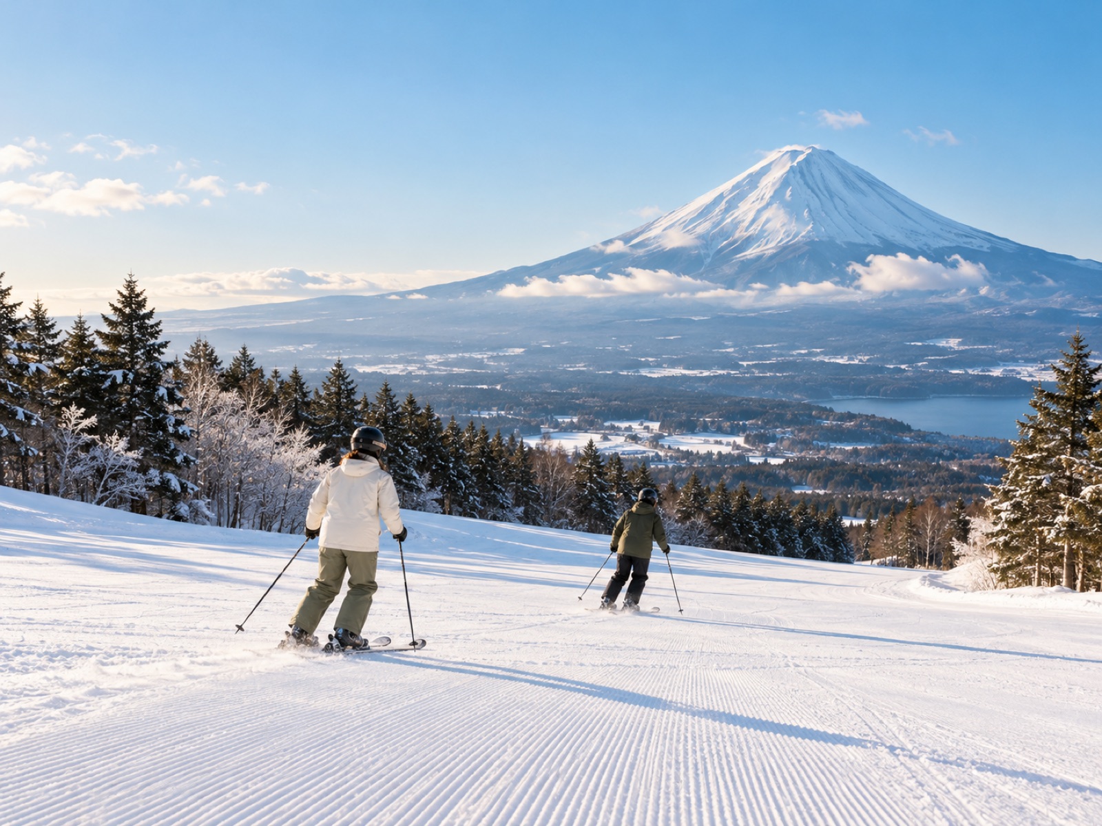 Illustration of skiing near Mount Fuji